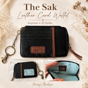 The Sak Black Leather Iris Card Wallet Keychain ID Holder Coin Purse